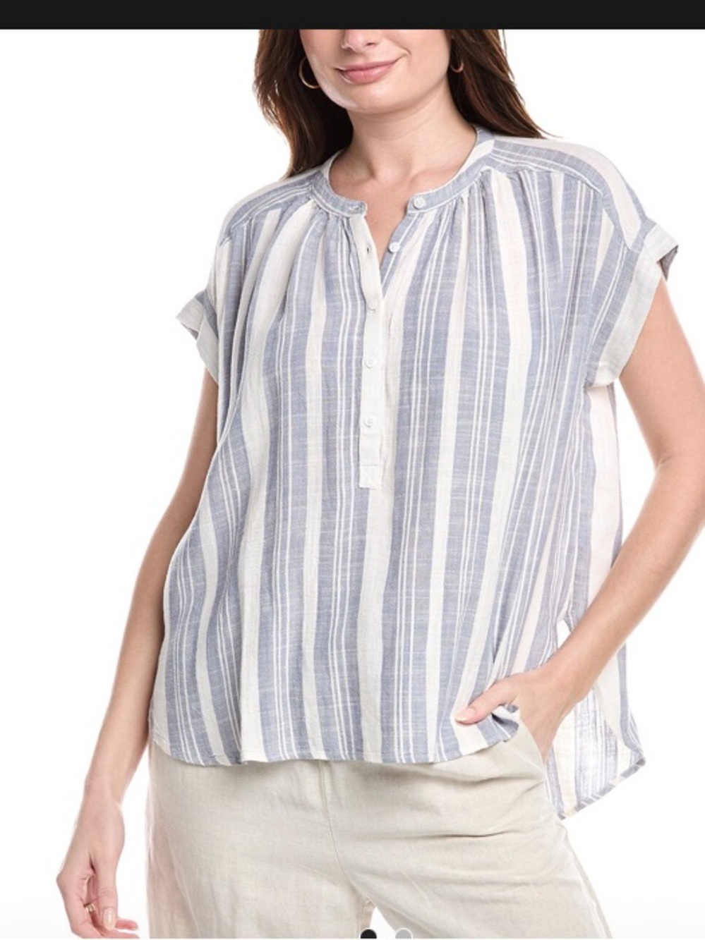 Splendid Striped Button Henley Blouse - Blue & White XS